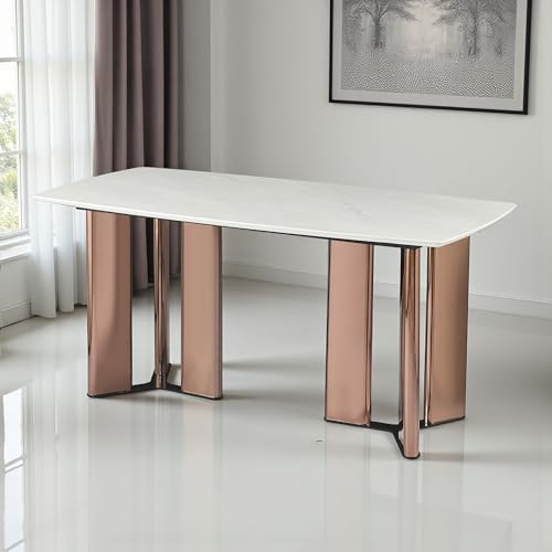 Image of The Attic Majestic Aura Ceramic Dining Table with Premium Rose-Gold Pedestal Columns - Modern Luxury Rectangular 6 Seater Dining Table
