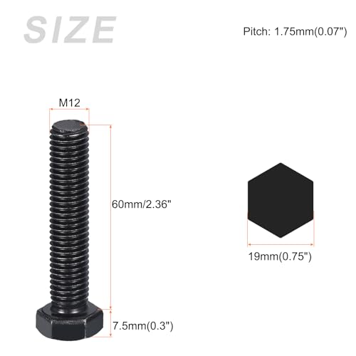 Image of METALLIXITY Hex Bolts (M12-1.75x60mm) 5Pcs, 8.8 Grade Carbon Steel Fully Threaded Black Oxide, Coarse Thread UNC Hex Head Screw Bolt - for Furniture Repair