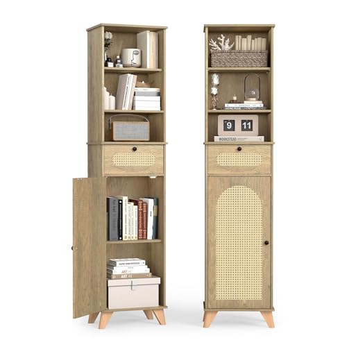 Quikraen Tall Bathroom Storage Cabinet with Aeched Rattan Doors 67in Narrow Wood Cabinet with Adjustable Shelves for Living Room Dining Room Laundry