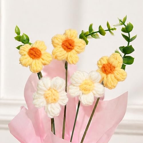 Image of Art Street Handmade Crochet Flower Bouquet with Pot | Yellow & White Knitted Artificial Flowers with Green Leaves & Ribbon | Cute Forever for Home Decor, Birthday, Anniversary
