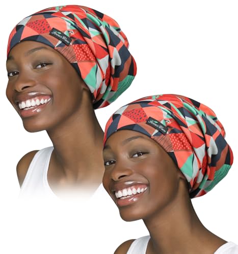 Gorro de dormir ajustable con forro de satén para rastas, cabello rizado, cabeza grande, permanece encendido durante la noche, rojo (Red&red), Talla única