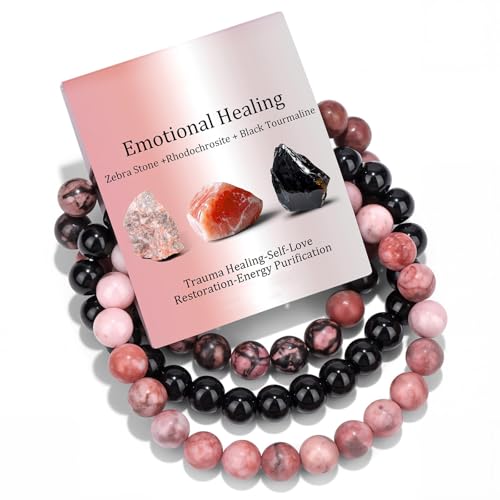 Huipalon 3 PCS Natural Stone Beaded Bracelets Pink Black Emotional Healing Bracelets for Women Zebra Stone Black Tourmaline Rhodochrosite Stretch Bracelet for Anxiety Relief Emotional Healing