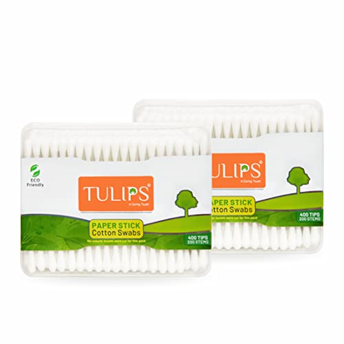 Image of TULIPS Cotton Ear Buds /Swabs (Pack of 2) with white Paper Sticks 200 /400 Tips in a Flat Box