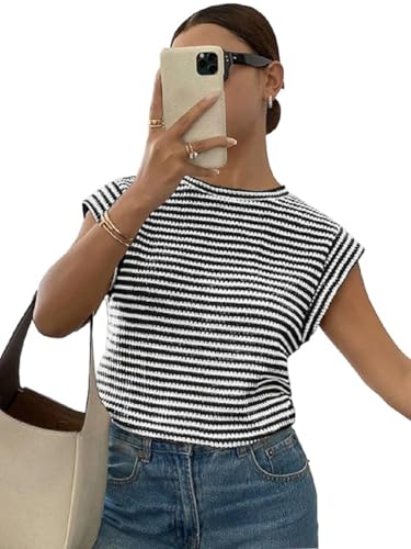 Image of Jawdrobe Women's Striped Western Top Round Neck Cap Sleeve T-Shirt for Women