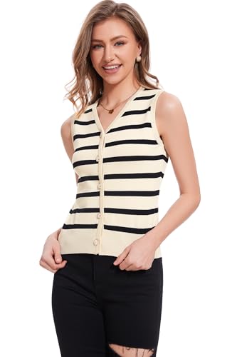 Women's Vest V Neck Striped Lightweight Sleeveless Sweater Button Up Knit Tops Summer Casual Outfits2
