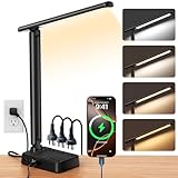 LED Desk Lamp with Power Strip, 3 AC Outlets & 4 USB Ports (2 USB-C), Stepless Dimming & 2800K-6500K Eye-Caring Desk Light, Foldable Table Lamp with 5FT Cord for Home Office, Dorm Room Essentials