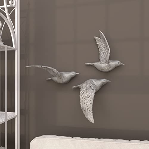 Deco 79 Resin Bird Metallic 3D Sculpted Wall Decor, Set Of 3 10", 9", 9"H, Silver #TOP6