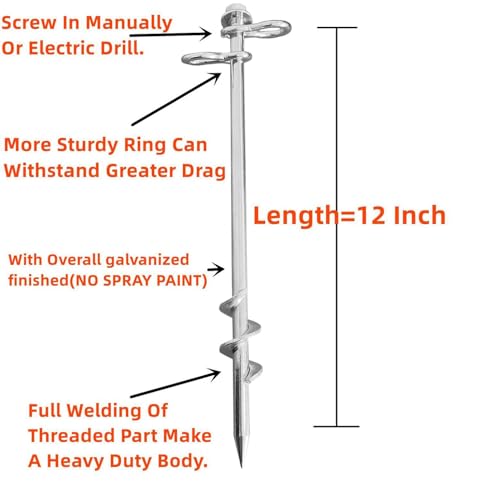 Fierywater Ground Anchors Screw in 4 Pack-12 Inch Heavy Duty Galvanized Tent Stakes Kit with Double Anchor Points for Swing and Trampoline Set High Wind Solid Metal Ground Stakes