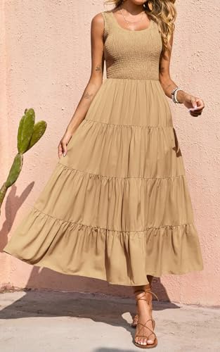 Image of PRETTYGARDEN Women's 2026 Casual Loose Plain Maxi Sundress Smocked Tank Dress Sleeveless Summer Beach Tiered Long Dresses