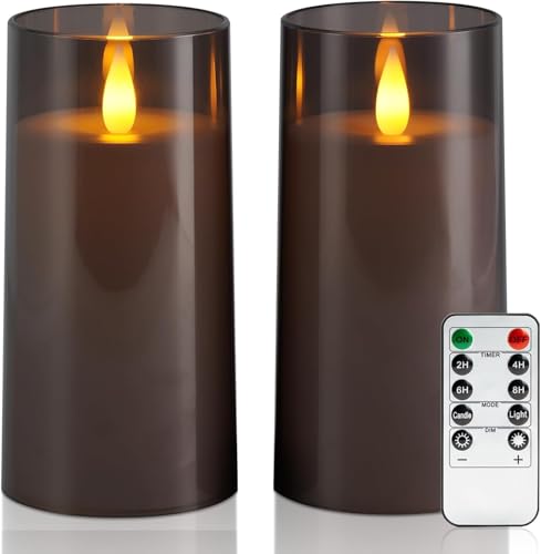 Homemory LED Elektrische Kerzen mit Fernbedienung & Timer Batteriebetriebene Kerzen mit Flammen-Effekt Perfekt für Adventszeit Weihnachtsdeko & Wohnzimmer 2er Set Grau (7 5x15 24cm)