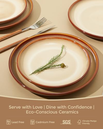 Image of Pokini Stoneware Dinnerware Sets, Ceramic Plates and Bowls Set, Microwave & Dishwasher Safe Kitchen Dish Set, Modern Dinner Salad Plates | Cereal Bowls for 4, Dishware Sets Brown Yellow