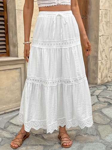 Womens Boho Maxi Skirt High Waist A Line Flowy Ruffle Lace Skirts2