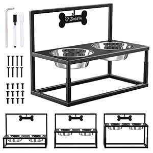 Lewondr Erhöhte Hundenäpfe, 3 Höhenverstellbar (10/16/22CM) Eisenständer mit 2 Edelstahlnäpfen & Namensschild, Hundebars Futterspender Fressnapf Futternapf für Kleine & Mittelgroße Hunde – Schwarz