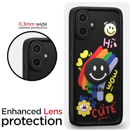 Image of Pikkme Back Cover for Samsung Galaxy M05 / A05 / F05 | Soft Silicone| Cute Rainbow Smile & 3D Cartoon Flower Design | Shockproof Raised Camera Protection Bumper Case (Black)