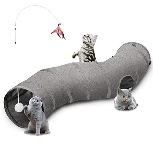 Image of Ownpets S-Shape Cat Tunnel Toy 48 inchL x 10 inchD, for Cats, Puppies & Small Pets | Collapsible for storage, tear-resistant oxford fabric, connects to other tunnel, with peek hole, feather wand, indoor /outdoor