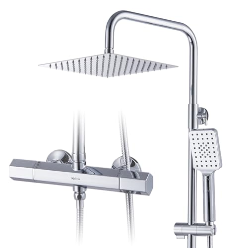 kelleria Duschsystem mit Thermostat Regendusche Duschset, Edelstahl Duschsäule mit Kopfbrause und Handbrause, Verstellbarer Duschstange 960-1245mm Komplettes Duschgarnitur für Bad, Chrom