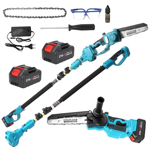 Scie électrique élagage arbres 2 en 1 de 8 pouces, moteur sans balais, tige télescopique jusqu'à 4,8 m, 2 batteries 4000 mAh, tronçonneuse batterie pour élagage d'arbres et jardin