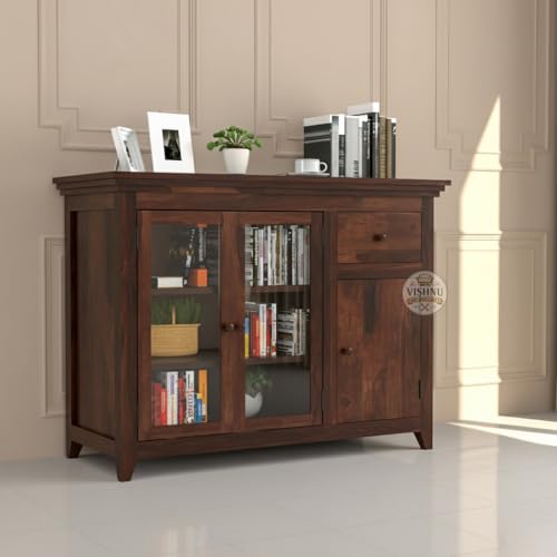 Image of Wood Kitchen Crockery Cabinet with Glass Door, Living Room, Crockery Unit, Dining Room Furniture, Chest of Drawers, Wooden Cabinet Storage, Walnut Finish