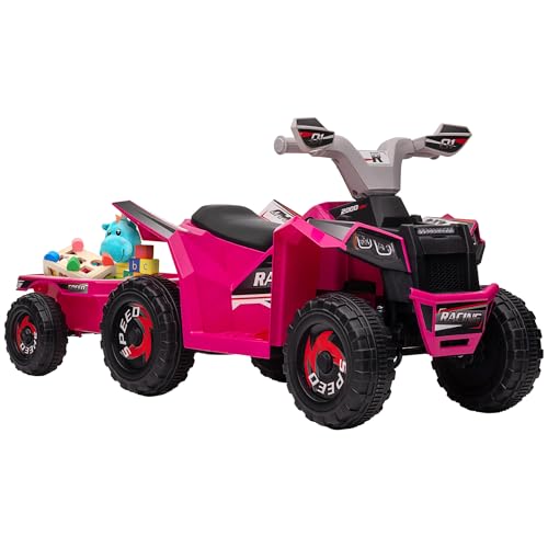 Image of Aosom Kids ATV Quad Car with Back Trailer, 6V Electric Ride On Car with Forward Backward Function, Wear-Resistant Wheels, Ride on Toy for Toddlers Ages 18-36 Months, Pink