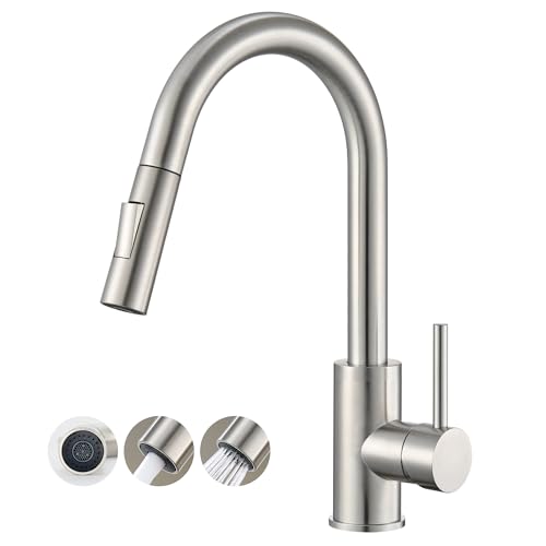 Kitchen Sink Mixer Tap with Pull Out Spray - Brushed Nickel Stainless Steel Tap - High Arc 360° Swivel Spout - Single Handle Monobloc Faucet (Includes G3/8" Connection Hoses)
