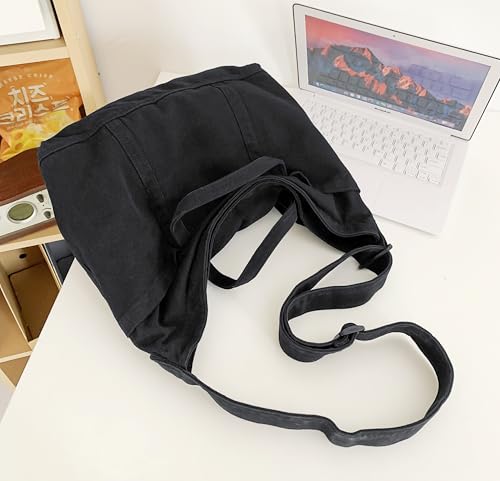 Image of Cotton Tote Handbag Women Canvas Crossbody Beach Bag Hobo Shoulder Tote Bag with 3 External Pocket,Zipper Closure