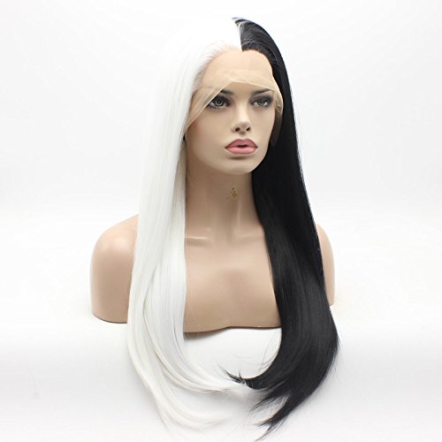 Lushy Hair Lace Front Synthetic Wigs Straight Long 24inch Half White Half Black Mix Heavy Density Heat Resistant Realistic Cosplay Wigs