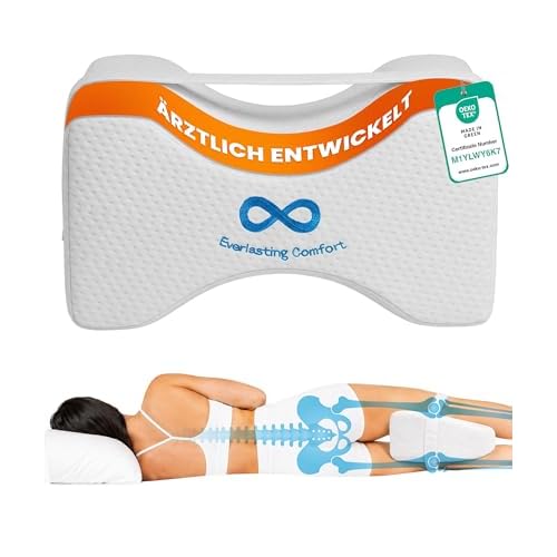 Everlasting Comfort Memory-Foam Kniekissen für Seitenschläfer – Beinkissen mit abnehmbarem Gurt, waschbarem Bezug und konturierter Form für bequemes Schlafen