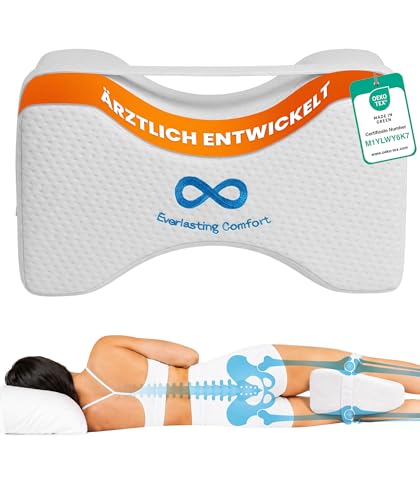 Everlasting Comfort Memory-Foam Kniekissen für Seitenschläfer Beinkissen mit abnehmbarem Gurt waschbarem Bezug und konturierter Form für bequemes Schlafen