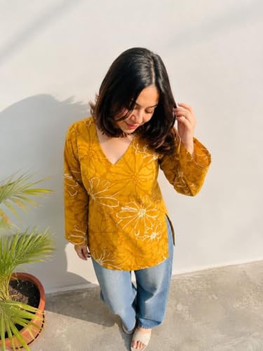Image of Women Rayon Printed Short Kurti for Women | Floral V Neck Short Kurta Top | Full Sleeve Casual Kurti for Girls & Women