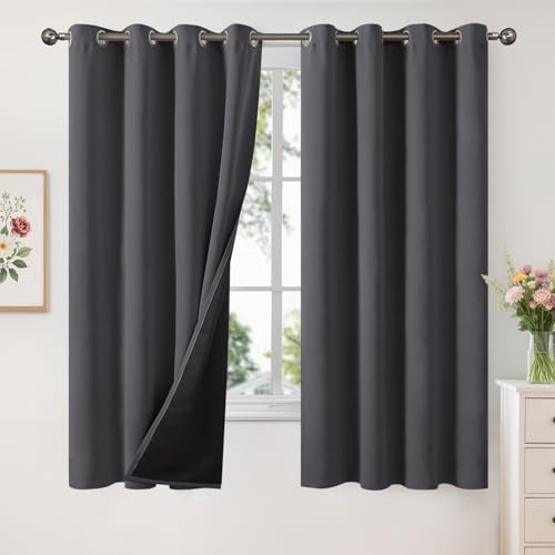 Image of YoungsTex Insulated 100% Blackout Curtains for Bedroom, Thermal Black Out Drapes witrh Grommet Double Layer Energy Saving for Living Room, Dark Grey, 2 Panels, 52 X 63 Inch