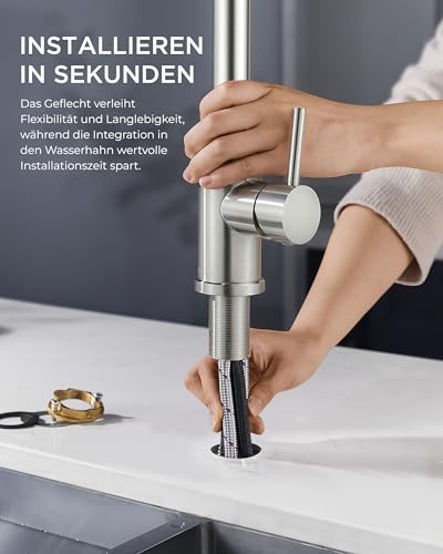 FORIOUS Wasserhahn Küche, Küchenarmatur Ausziehbar mit Brause, Spültischarmatur Küche, L-förmiger Edelstahl Mischbatterie Armatur, Zwei Sprühfunktionen, 360° Schwenkbar