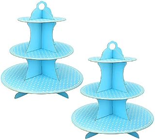PERFETSELL 2 PCS Blue Cupcake Stand 3 Tier Cardboard Round Tower Polka Dot Cupcake Dessert Holder Paper Cake Stand Muffin Food Stand Display for Kids Birthdays, Party, Baby Showers,Weddings