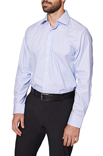 Hickey Freeman Men's Contemporary Fitted Long Dress Shirt, Blue Navy Stripe, 14.5