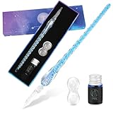 Luxiv Glass Ink Pen Set, Glass Dip Pen with Fluorescent Ink and Pen Holder Art Crystal Glass Pens for Signatures, Business Christmas Gift Glass Ink Pens (Blue, Basic)