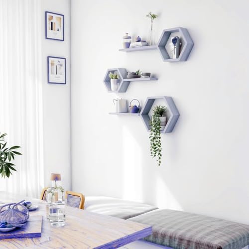 Image of Wooden Floating Wall Mounted Set of 6 Hexagon Shelves Display Shelf for Photos, Plants, Rustic Honeycomb Shelves for Living Room, Bedroom, Bathroom, Kitchen, Office (Purple)