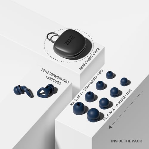 Image of Zenz Unwind Pro Ear Plugs for Sleeping, Soft Silicone Reusable Earplugs for Snoring, Yoga, Reading, Focus & Travel, 35dB Noise Reduction, 4 Sizes XS /S /M /L, Secure Fit with Case (Lagoon Navy, One Size)