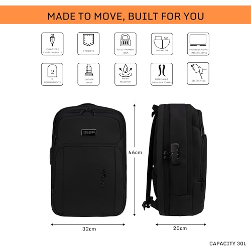 Image of F Gear Reign Anti-Theft Premium Black Laptop Backpack|30L Water-Resistant Bag|2 Compartments, 3 Pockets, 180 Opening, USB & Type C Port, Number Lock, Hidden Pocket, Fits 17 Inch Laptop|Men & Women