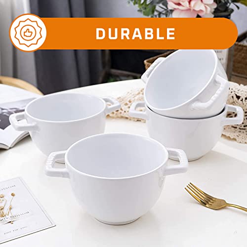 Bruntmor 24 Oz Soup Mug French Onion Soup Mugs With Handles And Lids Microwave Safe, Ceramic Bowls For Rice, Dessert, Pasta, Cereal, Dishwasher, Oven & Broil Safe, Set Of 4 Soup Crocks, White #TOP5
