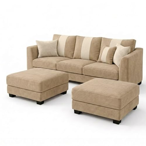 Image of Revo 5 Seater L Shape Sofa Set with 2 Movable Ottomans | Flexible Layout | Luxury Velvet Suede Fabric | Modern Living Room Sofa | Beige