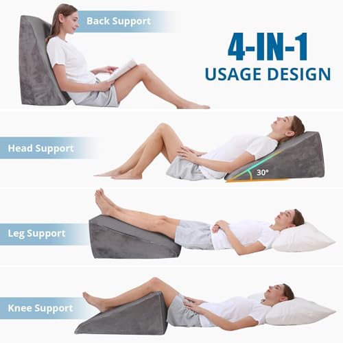 Image of Sasttie Wedge Pillow 24x24x12 inch, Memory Foam Bed Wedge, Solid Dark Gray | Triangle Pillow for Sleeping, Acid Reflux, Back Pain, Post-Surgery, and Snoring, Designed with Removable Washable Cover