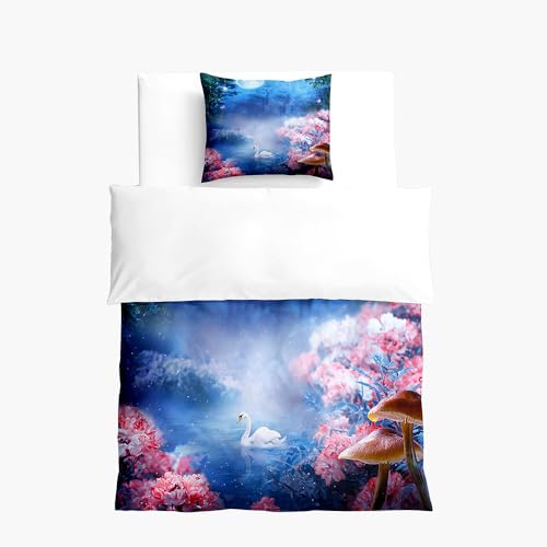 Hixingo Lindo Ropa de Cama 2 Piezas para Niños,3D Bosque de Ensueño Estampado Funda Nordica y Funda de Almohada,Ropa de Cama de Microfibra (Cisne Blanco,120x150+40x60 cm)