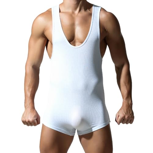 Mens Bodysuit - Stretchy Cotton Men Wrestling Singlet Jumpsuit Men's One Piece Garment Romper Pajamas