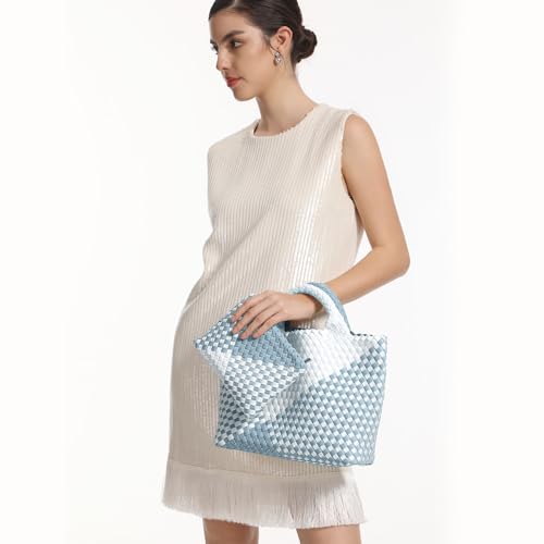 Image of Woven Bag for Women, Neoprene Tote Bag Summer Beach Handbag Purse Retro Handmade Travel Shoulder Bag Set