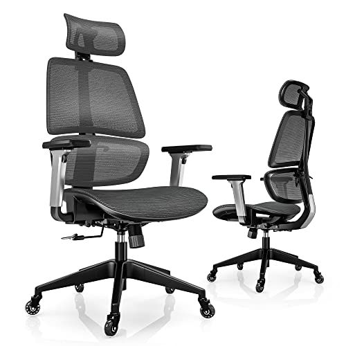 Linsy Home High-Back Office Chair, Swivel Ergonomic Task Chair With Adjustable Headrest And Arms, Lumbar Support And Pu Wheels, Computer Mesh Chair For Home Office, Dark Grey #TOP29
