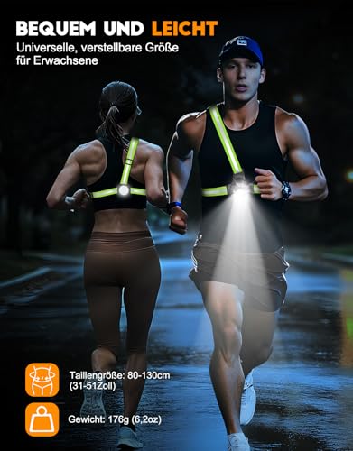 ISEYOU Lauflampe Joggen, Brustlampe Lauflicht — Alternative Zur Stirnlampe, 500 Lumen, 45° Neigbar, 2 Lichtfarben, USB-C Wiederaufladbar, IPX4, 360° Reflektierende Gurte Für Joggen, Camping, Radfahren