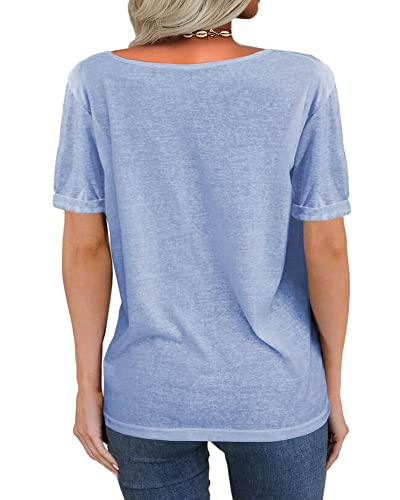 Image of Danedvi Women Deep V-Neck Short Sleeve Tops Solid Casual Loose T Shirt