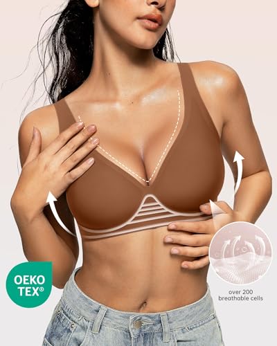 Image of OEAK Womens Deep V Bras Wireless Comfortable Bra Supportive No Underwire Bras Tshirt Push Up Bralettes Plunge Seamless Bra