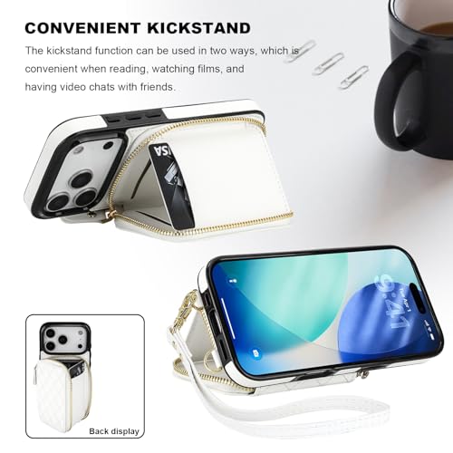 Bocasal Crossbody Wallet Case for iPhone 17 Pro, RFID Blocking PU Leather Zipper Handbag Purse Flip Cover, Kickstand Folio Case with Card Slots Holder Wrist Strap Lanyard 5G 6.3 Inch (White)