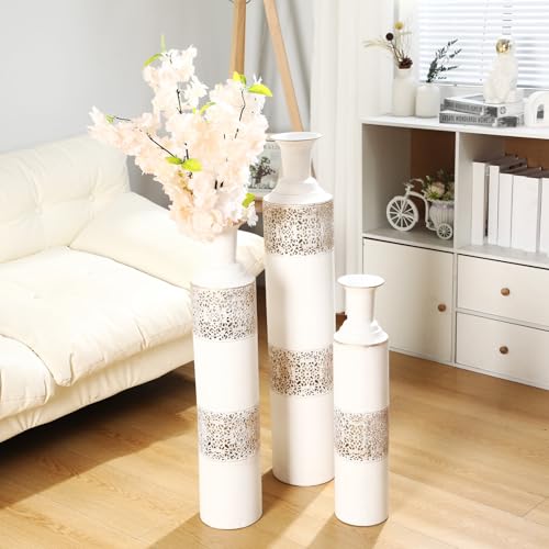 Cinnvoice Floor Vase Tall White 32/27/22 Inch Set of 3 Extra Large Metal Standing Decorative Vase for Home Decor Wedding Vintage Living Room Corner Bedroom Hallway Office Hotel Gift Pampas Grass