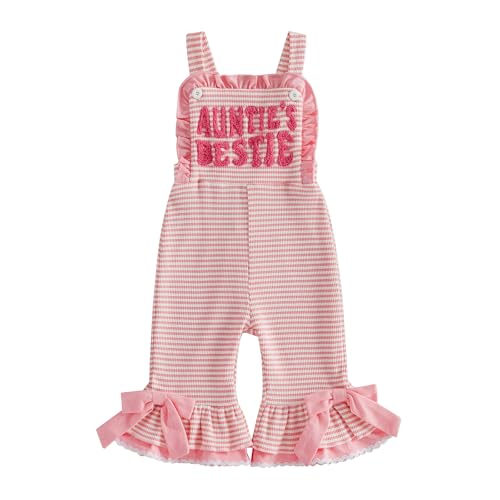 Onfmst Aunties Bestie Baby Clothes Girl Sleeveless Bell Bottom Romper Letter Embroidered Striped Overalls Knit Jumpsuit (Pink Aunties Bestie 6-12 Months)